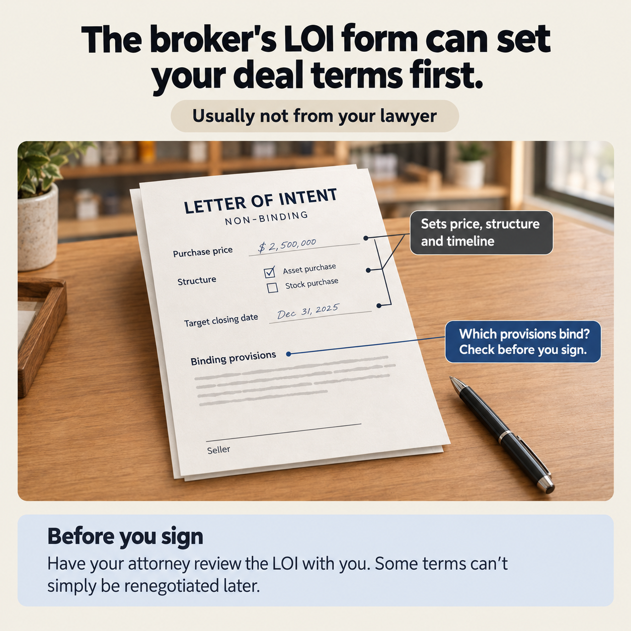 A non-binding letter of intent form that sets the purchase price, the deal structure and a target closing date, with its binding provisions flagged to check before signing
