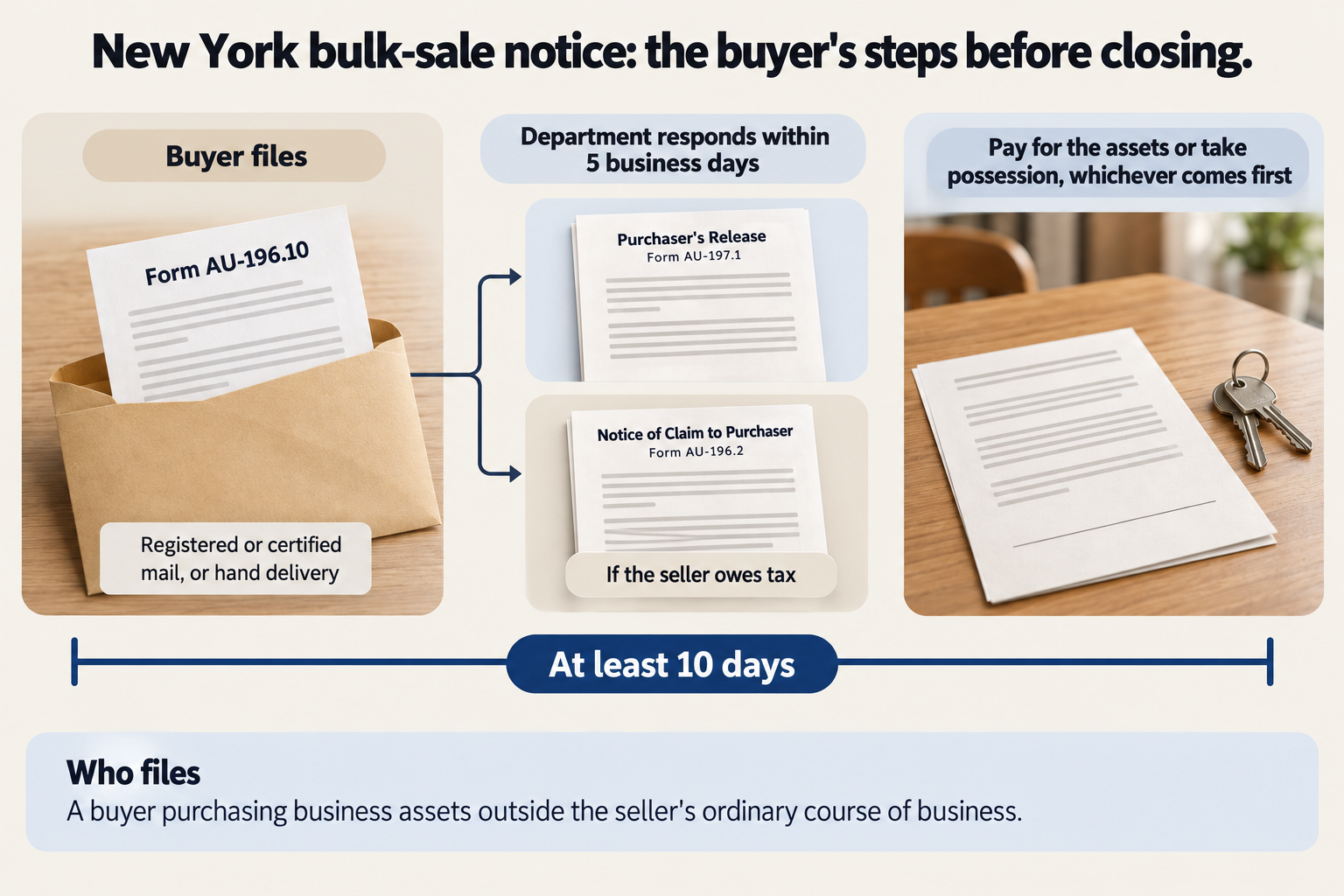 The New York bulk-sale steps: the buyer files Form AU-196.10, the Department responds within 5 business days with a Purchaser's Release or a Notice of Claim to Purchaser, at least 10 days before paying for the assets or taking possession