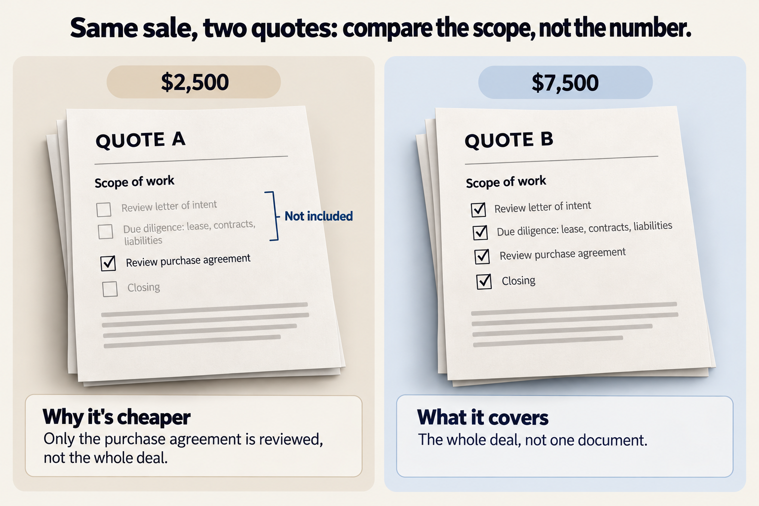 Two quotes for the same sale: a $2,500 quote that reviews only the purchase agreement, and a $7,500 quote that covers the letter of intent, due diligence, the purchase agreement and closing